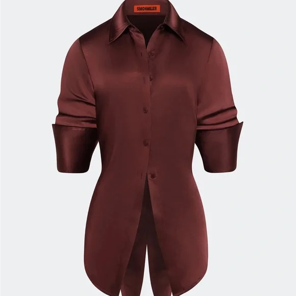 SIMON MILLER Loch Satin Button Up in Choco Brown - Picture 3 of 4